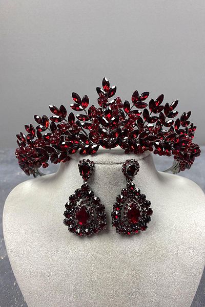 Hobigram Set de coroană și cercei de mireasă cu mărgele Asleny Burgundy pentru cele mai frumoase mirese – Coroană – Tiara