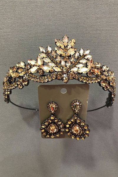 Hobigram Set de henna, coroană de mireasă și cercei cu carcasă metalică cu pietre de cristal de culoare aurie pentru cele mai frumoase mirese – Coroană –