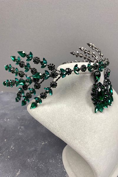 Hobigram Set de coroană și cercei cu henna pentru mireasă cu două fețe Helenist verde pentru cele mai frumoase mirese – Coroană – Tiara