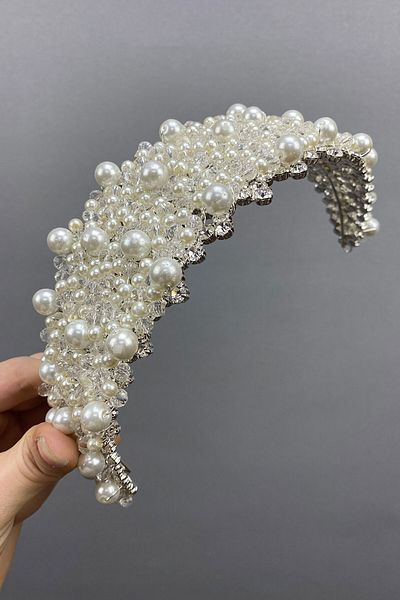 Hobigram Accesoriu de mireasă pentru banda de păr Big Pearl Stone pentru cele mai frumoase mirese – Coroană, Crystal Stone, Model elegant – Coroană