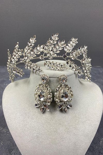 Hobigram Silver Dilana Leaf Branch Accesoriu pentru păr de mireasă și cercei de seară cu picătură pentru cele mai frumoase mirese – Coroană – Tiara