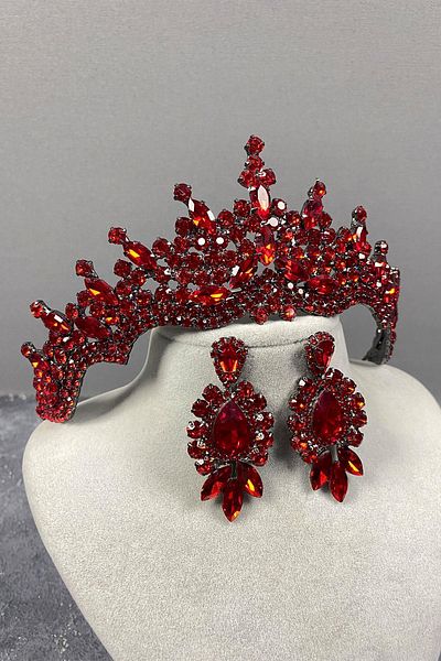 Hobigram Coroană de mireasă Henna și cercei cu piatră roșie Tokyo pentru cele mai frumoase mirese – Coroană, piatră de cristal – Coroană –