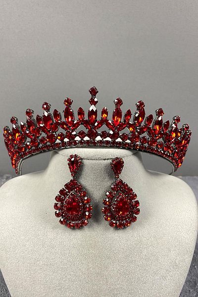 Hobigram Set de coroană și cercei cu henna de mireasă cu piatră Pedro roșie pentru cele mai frumoase mirese – Coroană, piatră de cristal – Ta
