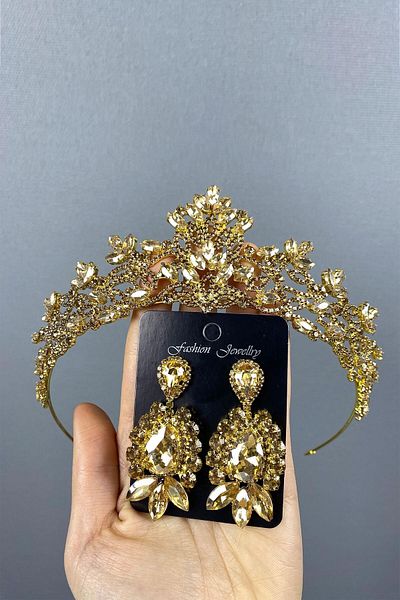 Hobigram Melis Bridal Henna Crown și Cercei cu piatră pentru cele mai frumoase mirese – Coroană, Crystal Stone –