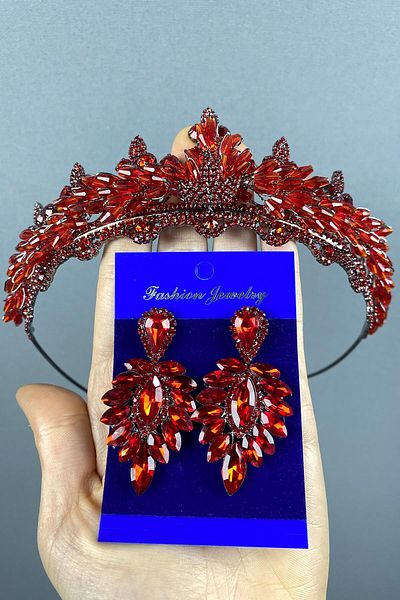 Hobigram Set coroană și cercei de mireasă Henna cu cristale Red Lena pentru cele mai frumoase mirese – Coroană, cu pietre de cristal – Coroană –