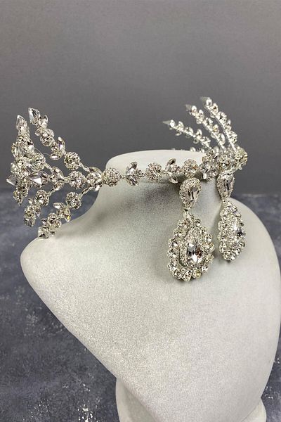 Hobigram Set de cercei cu coroană și navetă de mireasă Helenist argintiu pentru cele mai frumoase mirese – coroană, piatră de cristal, modă elegantă