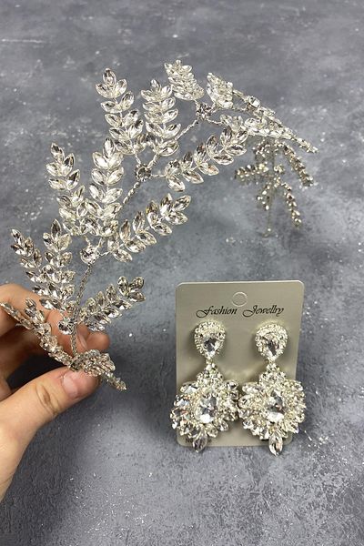 Hobigram Accesoriu de păr de mireasă cu ramuri de frunze de dilana argintie și cercei cu pietre pentru cele mai frumoase mirese – coroană – tiara