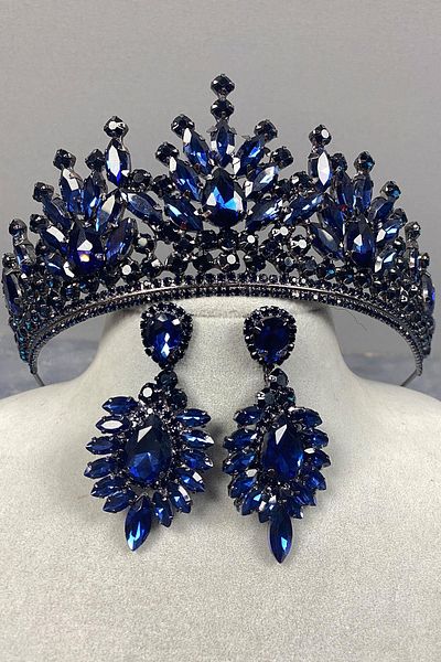 Hobigram Set de coroană și cercei cu henna de mireasă Pera bleumarin pentru cele mai frumoase mirese – coroană, piatră de cristal, modă elegantă