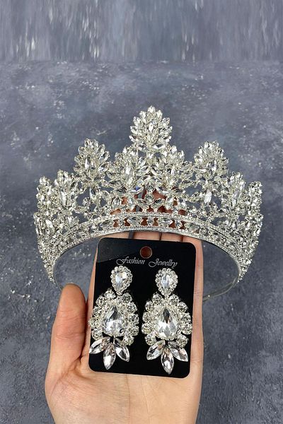 Hobigram Coroană și cercei cu navetă Godiva din argint sterling pentru cele mai frumoase mirese – Coroană, piatră de cristal, model elegant –