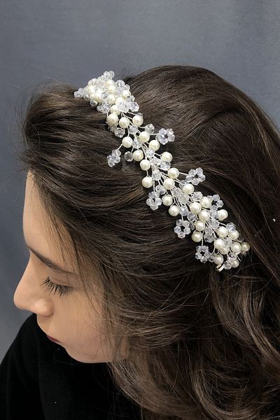 Hobigram Accesoriu de păr Lena cu perle albe și cristal pentru cele mai frumoase mirese – Coroană, piatră de cristal, model elegant – Coroană