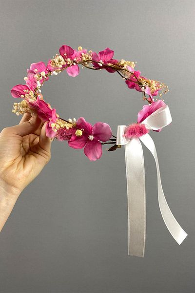 Hobigram Coroana de mireasa pentru fotografiere in exterior cu hortensie fucsia si perle cu chipsuri pentru cea mai frumoasa mireasa - Coroana, cu piatra de cristal - Ta
