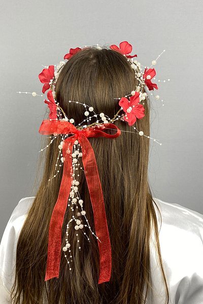 Hobigram Coroană de mireasă personalizată cu flori de hortensie roșie pentru cele mai frumoase mirese – Coroană, cu pietre de cristal, model elegant – T