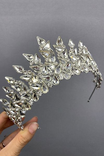 Hobigram Coroana de mireasa Subra cu picaturi de argint pentru cei mai frumoși mireși – Coroană, cu pietre de cristal, model elegant, coroană de mireasă – Coroană –