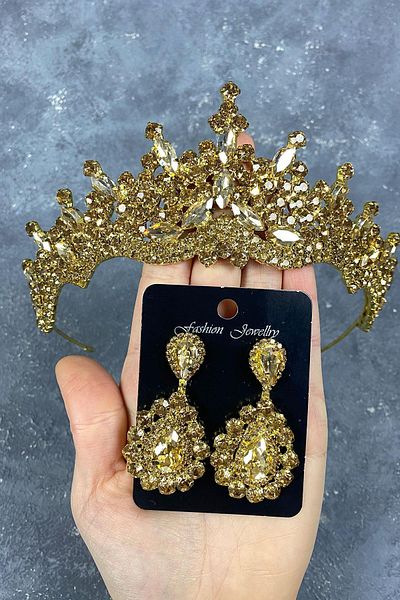 Hobigram Honey Color Tokyo Stone Bridal Henna Tiara and Drop Earring Set for the Most Beautiful Brides – Crown, Crystal Stone –