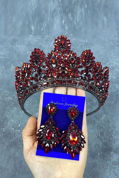Hobigram Bordeaux Godiva High Bridal Henna Tiara și Cercei Rochie de Seară cu Navetă pentru Cele mai Frumoase Mirese – Coroană, Pietre de Cristal –