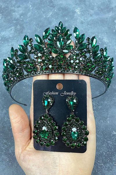 Hobigram Green Danver Stone Bridal Henna Tiara and Shuttle Earring Set for the Most Beautiful Brides – Crown, Crystal Stone – Crown
