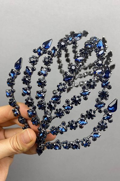 Hobigram Accesoriu de păr Helen cu două fețe, albastru bleumarin, pentru cele mai frumoase mirese, coroană de mireasă – coroană, cu pietre de cristal – coroană