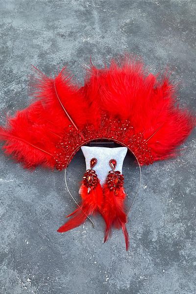 Hobigram Red Maya Feathered Crystal Beaded Bridal Henna Tiara and Earrings for the Most Beautiful Brides – Crown – Crown
