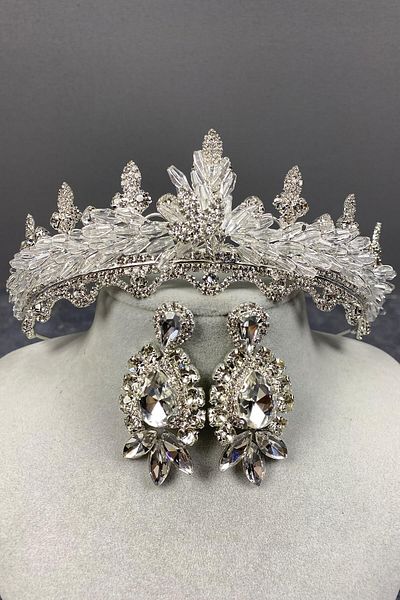 Hobigram Set de coroană și cercei de mireasă cu cristal Lena argintiu pentru cele mai frumoase mirese – coroană, piatră de cristal, model elegant – T