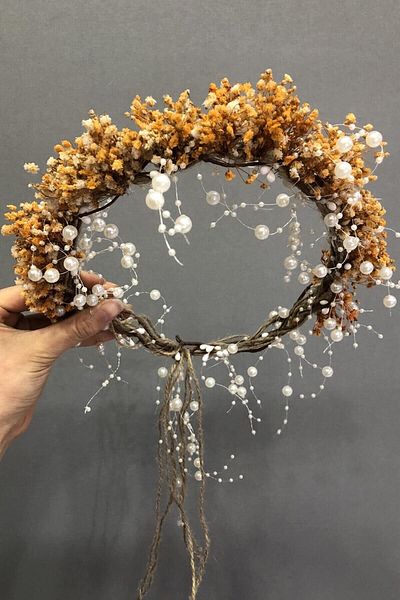 Hobigram Women's Yellow Orange Pearl Dry Flower Crown for the Most Beautiful Brides – Crown, Crystal Stone, Stylish Model – Crown