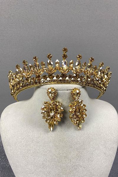 Hobigram Honey Color Pedro Stone Bridal Henna Crown and Earring Set – Crown, Crystal Stone, Stylish Model, Bridal Crown – t