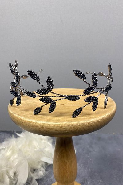 Hobigram Accesoriu de păr Yena Design Tiara de mireasă cu ramuri de frunze bleumarin pentru cele mai frumoase mirese – Coroană, cu pietre de cristal