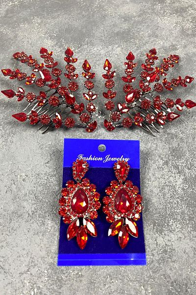Hobigram Accesoriu de păr Helenist roșu dublu pentru cea mai frumoasă mireasă și cercei de seară cu pietre – coroană – coroană