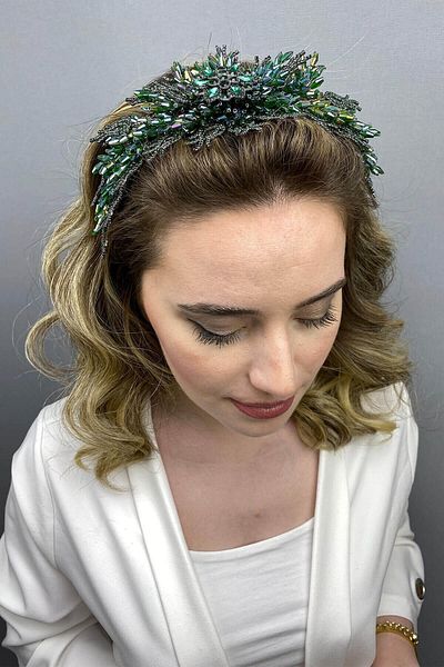Hobigram Coroana de mireasa Henna model Alya verde pentru cele mai frumoase mirese – Coroana, cu piatra de cristal, model elegant, coroana de mireasa – T