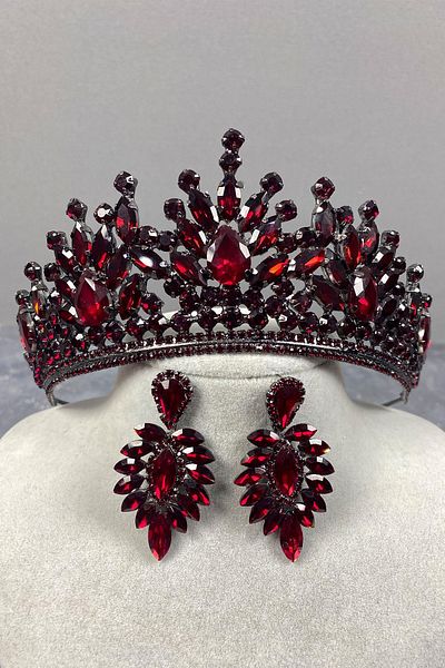 Hobigram Coroana de mireasa Pera Burgundy si cercei cu navetă pentru cele mai frumoase mirese – Coroană, piatră de cristal, model elegant – Coroană