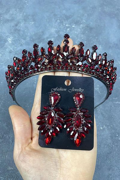 Hobigram Set Coroana de Mireasa Henna Pedro Stone Bordeaux cu Cercei pentru Cele mai Frumoase Mirese – Coroana, Pietre de Cristal, Model Elegant
