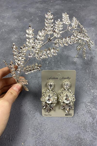 Hobigram Silver Dilana Leaf Branch Accesoriu pentru păr de mireasă și cercei de seară cu picătură pentru cele mai frumoase mirese – Coroană – Tiara