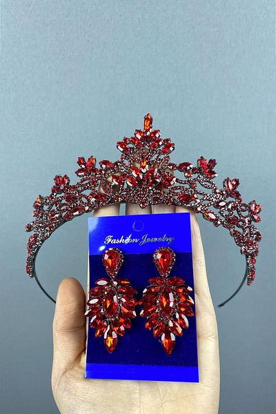 Hobigram Coroana de mireasa Red Melis Henna si cercei cu pietre cu navetă pentru cele mai frumoase mirese – Coroană, piatră de cristal – Coroană –