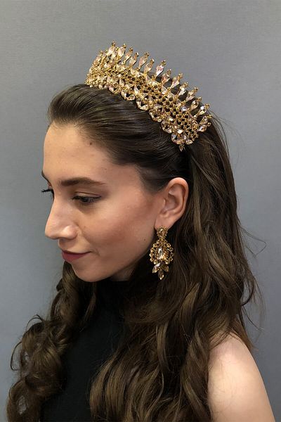 Hobigram Model Sultan Coroana și cercei de mireasă cu henna de culoarea miere pentru cele mai frumoase mirese – Coroană, piatră de cristal, model elegant