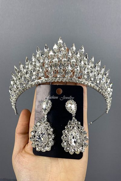 Hobigram Set de coroană și cercei de mireasă 3D cu picătură de argint pentru cele mai frumoase mirese – coroană, cu piatră de cristal – coroană –