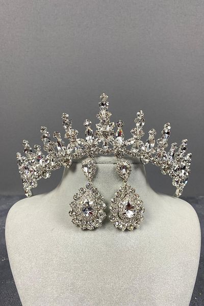Hobigram Silver Cooker Bridal Crown and Drop Stone Evening Dress Earrings for the Most Beautiful Brides