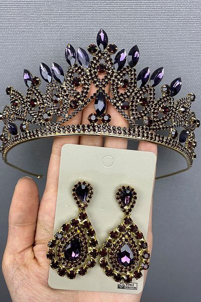 Hobigram Coroană și cercei de mireasă din aur violet pentru cele mai frumoase mirese – Coroană, piatră de cristal, model elegant, coroană de mireasă –