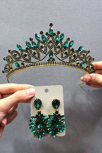 Hobigram Set de coroană și cercei de mireasă cu henna verde pentru cele mai frumoase mirese – coroană, piatră de cristal, model elegant, coroană de mireasă –