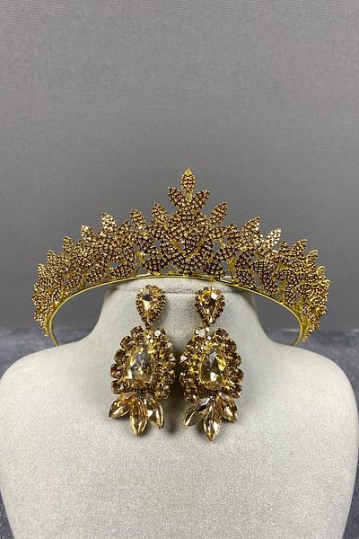 Hobigram Honey Color Sara Bridal Henna Crown and Earrings with Regular Stones for the Most Beautiful Brides – Crown, Crystal Stone – Crown –