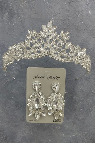 Hobigram Berlin Model Bridal Crown și Cercei cu piatră de picătură pentru cele mai frumoase mirese – Coroană, Crystal Stone, Chic Mode