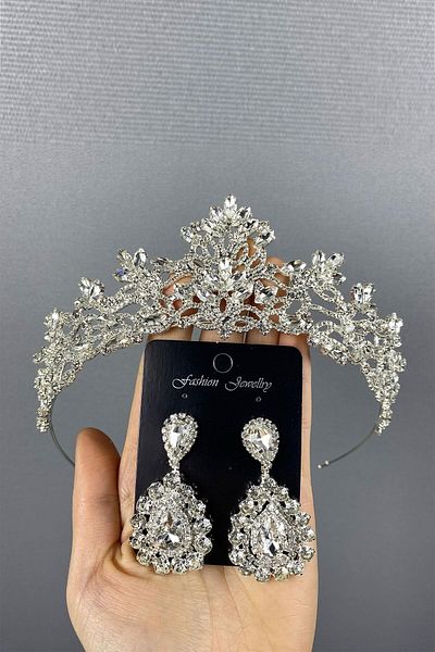 Hobigram Ασημένια Melis Bridal Henna Crown και Drop Stone σκουλαρίκια για τις πιο όμορφες νύφες – Κορώνα, Κρυστάλλινη Πέτρα, Κομψό Μοντέλο