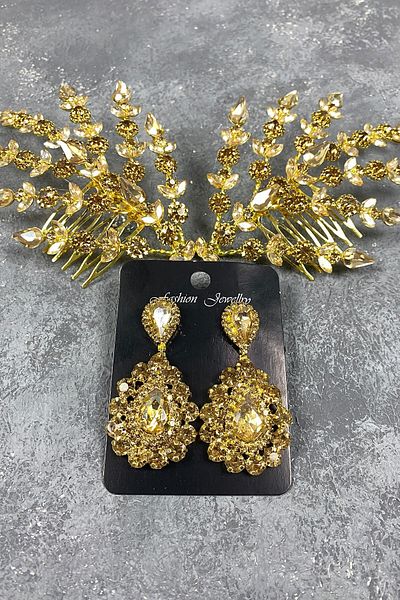 Hobigram Honey Color Double Sided Helenist Bridal Hair Accessory and Stone Earrings – Crown, Crystal Stone, Stylish Model –
