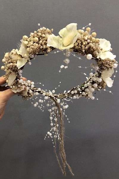 Hobigram Coroană de flori uscate cu chipsuri crem și hortensie pentru cele mai frumoase mirese – Coroană, piatră de cristal, model elegant – Coroană