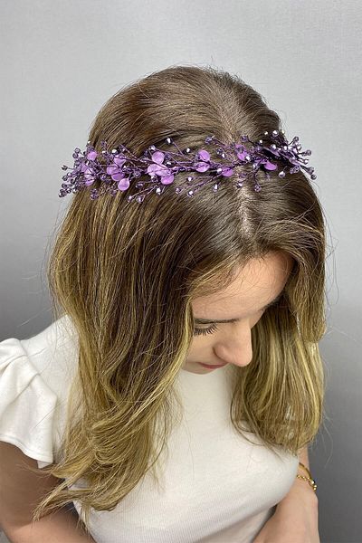 Hobigram Accesoriu de păr cu ramură de primăvară emailată violet pentru cele mai frumoase mirese – coroană, piatră de cristal, model elegant, tiara de mireasă