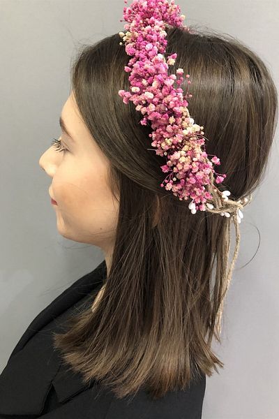 Hobigram Coroană cu flori uscate cu chipsuri fucsia pentru cele mai frumoase mirese – Coroană, piatră de cristal, model elegant, coroană de mireasă – coroană