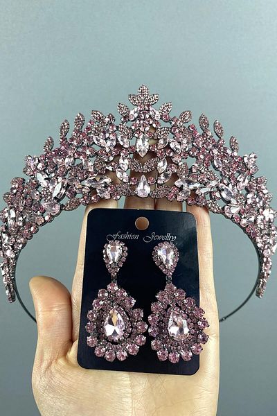 Hobigram Set de coroană și cercei cu henna de mireasă Leonis roz pentru cele mai frumoase mirese – coroană, piatră de cristal, model elegant