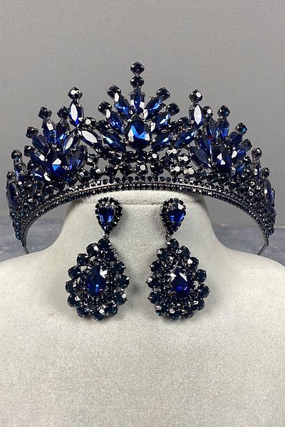 Hobigram Navy Blue Pera Bridal Henna Tiara and Drop Evening Dress Earrings for the Most Beautiful Brides – Crown, Crystal Stone, Stylish Mode