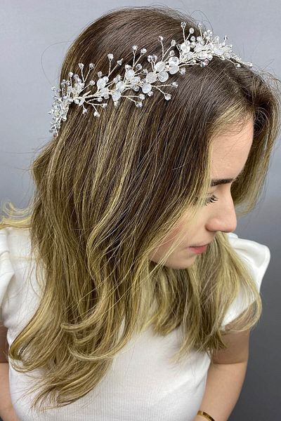 Hobigram Accesoriu de păr cu ramură de primăvară emailată de culoare argintie pentru cele mai frumoase mirese – coroană, piatră de cristal, model elegant – Ta