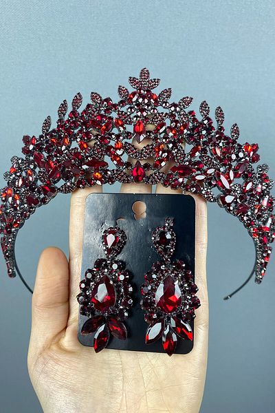Hobigram Set de cercei pentru rochie de seară și coroană de mireasă Oscar Burgundy – Coroană, piatră de cristal, model elegant, coroană de mireasă – Coroană
