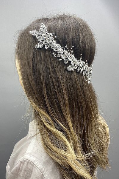 Hobigram Accesoriu de păr Henna de mireasă model Sıla de culoare argintie pentru cele mai frumoase mirese – Coroană, piatră de cristal, model elegant –