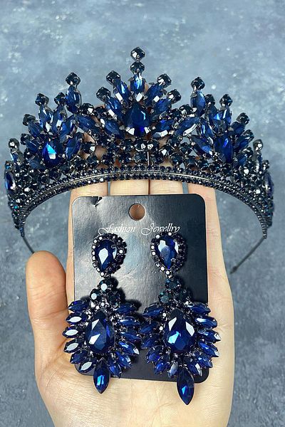 Hobigram Set de coroană și cercei cu henna de mireasă Pera bleumarin pentru cele mai frumoase mirese – coroană, piatră de cristal, modă elegantă